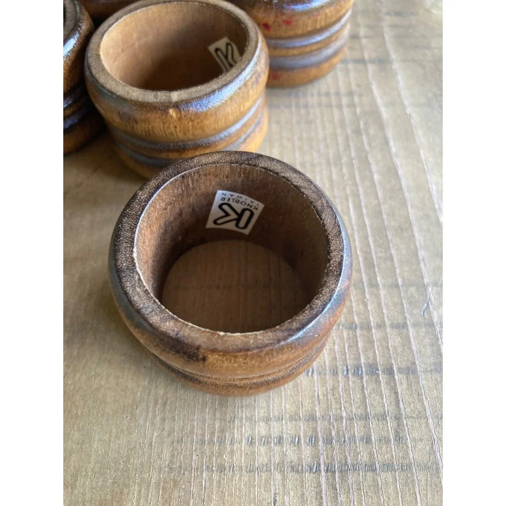 Vintage Knobler Taiwan Wood Napkin Rings Set of 7 Brown Double Groove MCM Rustic
